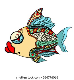Zentangle stylized Fish. Hand Drawn doodle vector illustration isolated on white background. Sketch for tattoo or makhenda. Sea food collection.