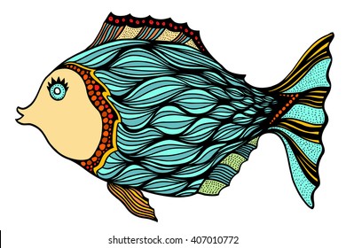 Zentangle stylized Fish. Hand Drawn doodle vector illustration isolated on white background. Sketch for tattoo or makhenda.