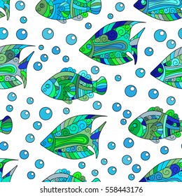 Zentangle stylized fish seamless pattern. Hand Drawn aquatic doodle vector illustration. Ocean life. Blue green colors on white background.  