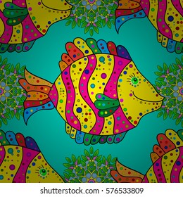 Zentangle stylized fish seamless pattern. Hand Drawn aquatic doodle vector illustration. Ocean life. Bright colors on blue background. Radial gradient shape.