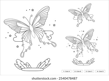 Zentangle estilizó cinco mariposas de dibujos animados volando alrededor de las flores. Dibujado a mano boceto para página de colorear antiestrés adulto, logotipo o tatuaje con doodle, zentangle, Elementos de diseño florales. 112