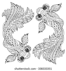 Zentangle stylized floral china fish doodle. Hand Drawn boho vector illustration. Sketch for tattoo or coloring book.