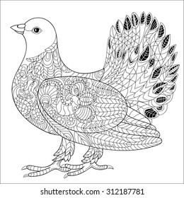 Zentangle stylized floral Pigeon for Peace Day. Hand Drawn Dove of peace vector illustration. Sketch for tattoo or coloring book. Bird collection .boho