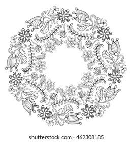 Zentangle stylized floral wreath. Freehand boho sketch for adult anti stress coloring page with doodle ethnic elements. Ornamental artistic vector illustration for romantic tattoo, t-shirt print.