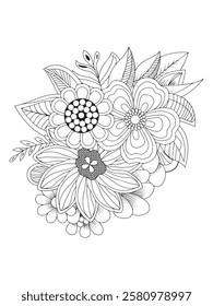 Zentangle stylized flower. Black and white vector illustration .Forest flowers and leaves. Beautiful bouquet. Vector coloring book for adults and children. Hand drawn illustration.