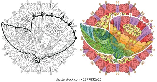 Zentangle stylized flower with mandala. Hand Drawn lace vector illustration. Color and outline set