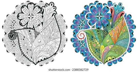 Zentangle stylized flower with mandala. Hand Drawn lace vector illustration. Color and outline set