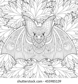 Zentangle stylized flying Bat on autumn leaves background for Halloween. Freehand sketch for adult  coloring page withdoodle elements. Ornamental artistic vector illustration for t-shirt print