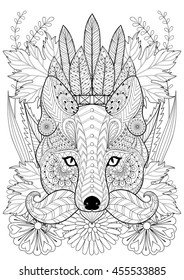 Zentangle stylized fox with moustache, war bonnet on flowers. Ethnic animal for adult coloring page, art therapy, boho t-shirt patterned print, posters, t-shirt. Vector isolated illustration. A4 size.
