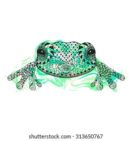 Zentangle stylized frog with abstract colorful grunge background. Hand drawn doodle. Ethnic patterned vector illustration. African, tribal, totem design. Sketch for tattoo, posters, prints, t-shirt. 
