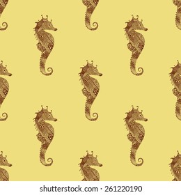 Zentangle stylized gold Sea Horse seamless pattern. Hand Drawn vector illustration isolated on white background. Sketch for tattoo or makhenda. Sea collection.