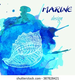 Zentangle stylized hand drawn vector seashell on artistic painted background. Marine and summer vacation background. Relax and meditation symbol. Creative summer design template.