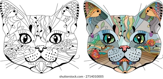 Zentangle estilizó la cabeza del gato. Ilustración vectorial de encaje dibujado a mano. Conjunto de color y contorno.