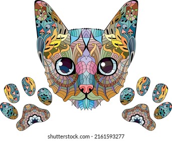 Zentangle stylized head of cat with paw. Hand Drawn lace vector illustration