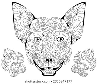 Zentangle stylized head dog with paws for coloring. Hand drawn decorative vector illustration