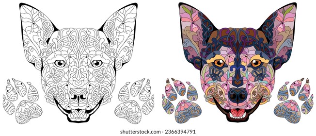Zentangle stylized head dog with paws for coloring. Hand drawn decorative vector illustration. Black and white and color images