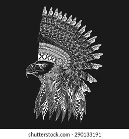 Zentangle stylized head of eagle in feathered war bonnet. Hand Drawn doodle vector illustration isolated on white background. Sketch for tattoo. Can be used for postcard, t-shirt, fabric bag or poster