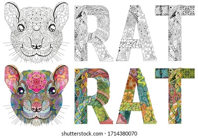 Zentangle stylized head rat with a word. Hand Drawn lace vector illustration. Color and outline set