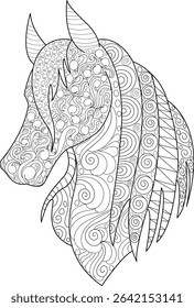 Zentangle Stylized Horse Head Illustration, Detailed black and white line art illustration of a horse head filled with intricate zentangle and abstract patterns. Ideal for coloring books, adult