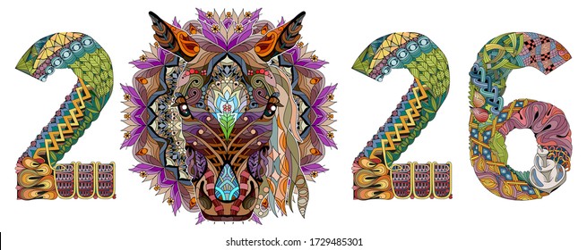 Zentangle stylized horse number 2026. Hand Drawn lace vector illustration