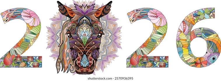 Zentangle stylized horse number 2026. Hand Drawn lace vector illustration