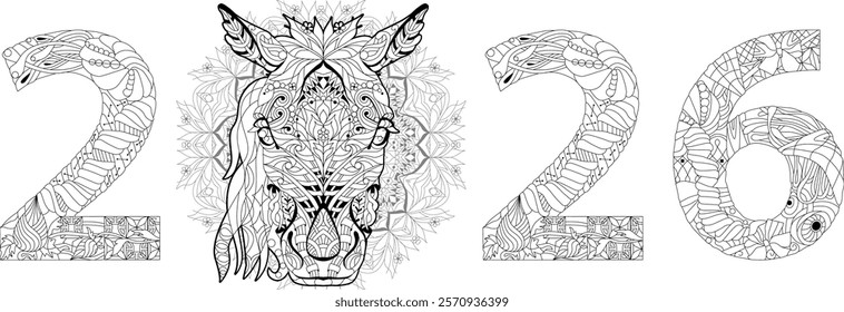 Zentangle stylized horse number 2026. Hand Drawn lace vector illustration for coloring