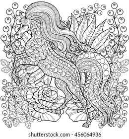 Zentangle stylized Horse on roses, sunflowers. Freehand sketch for adult anti stress coloring page with autumn doodle elements. Ornamental artistic vector illustration for  t-shirt or prints 