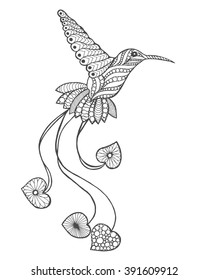 Zentangle stylized hummingbird. Animals. Black white hand drawn doodle. Ethnic patterned vector illustration. African, indian, totem tatoo design. Sketch for avatar, tattoo, poster, print or t-shirt.