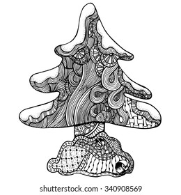 Zentangle stylized image of christmas tree. Adult anti stress page for coloring book. Hand drawn illustration in doodle style. Vector black isolated sketch