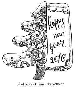 Zentangle stylized image of christmas tree and lettering. Adult anti stress page for coloring book. Hand drawn illustration in doodle style. Vector black isolated sketch