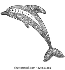 Zentangle stylized image of totem animal: dolphin. Adult anti stress page for coloring book. Hand drawn illustration in doodle style. Vector black isolated sketch