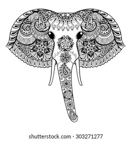 Zentangle stylized Indian Elephant. Hand Drawn paisley patterned vector illustration isolated on white background. Sketch for tattoo design or makhenda. Animal art collection.