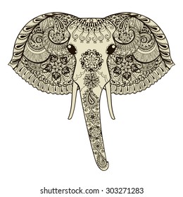 Zentangle stylized Indian Elephant. Hand Drawn vector illustration isolated on white background. Sketch for tattoo design or makhenda. Animal art collection.