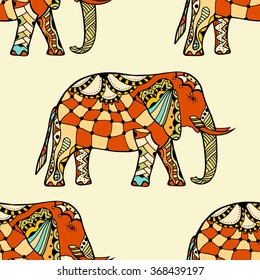 Zentangle stylized Indian Elephant. Hand Drawn vector illustration isolated on white background. Makhenda Bollywood seamless pattern.