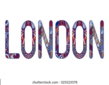 Zentangle stylized inscription London for book cover. Lace letters in vintage doodle style. Hand drawn sketch font, vector illustration for decoration.