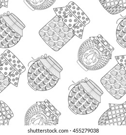 Zentangle stylized jar seamless pattern with cherry, strawberry, raspberry jam. Sketch for adult coloring page with doodle elements. Artistic vector illustration for ethnic autumn t-shirt print.