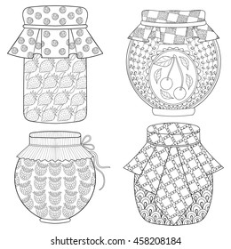 Zentangle stylized jar set with cherry, strawberry, ruspberry jam. Freehand sketch for adult anti stress coloring page, doodle elements. Artistic vector illustration for  ethnic autumn t-shirt print.