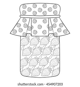 Zentangle stylized jar with strawberry jam. Freehand sketch with doodle elements. Artistic vector illustration for  ethnic autumn t-shirt print, patterned tattoo.