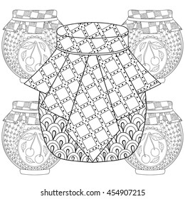 Zentangle stylized jars with jam and honey. Freehand sketch for adult anti stress coloring page with doodle elements. Artistic vector illustration for  ethnic autumn t-shirt print, patterned tattoo.