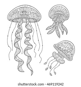 Zentangle stylized jellyfish, isolated on white background. Adult antistress coloring page. Vector hand drawn illustration for T-shirt print, tattoo, logo.