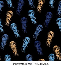 Zentangle stylized Jellyfish seamless pattern. Night galaxy mix with watercolor jelly fishes in bright style vivid blue purple violet isolated on dark background