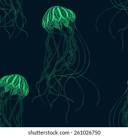 Zentangle stylized Jellyfish seamless pattern. Hand Drawn vector illustration isolated on white background. Sea collection.