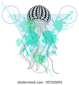 Zentangle stylized Jellyfish in triangle frame with watercolor ink drop. Hand Drawn doodle vector sea Jelly illustration. Sketch for tattoo or makhenda. Hipster artistically patterned animal print.