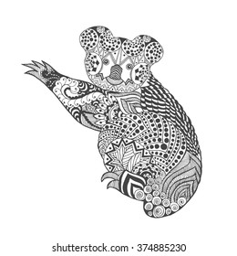 Zentangle stylized koala. Black white hand drawn doodle animal. Ethnic patterned vector illustration. African, indian, totem, tribal, zentangle design. Sketch for poster, print, t-shirt