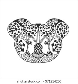 Zentangle stylized koala head. Black white hand drawn doodle animal. Ethnic patterned vector illustration. African, indian, totem, tribal design. Sketch for coloring page, tattoo, poster, t-shirt