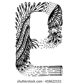 Zentangle stylized letters - letter E. Vector illustration. Black white hand drawn doodle.