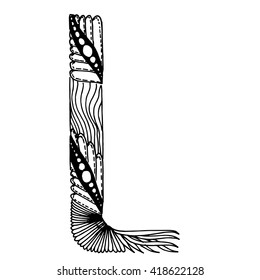 Zentangle stylized letters - letter L. Vector illustration. Black white hand drawn doodle.