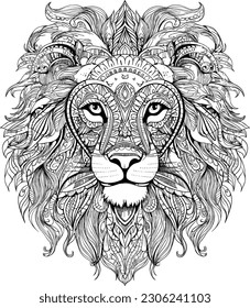 Zentangle stylized lion head. Black and white vector illustration, Coloring page for kids and adults. Print design, t-shirt design, tattoo design, mandala art.