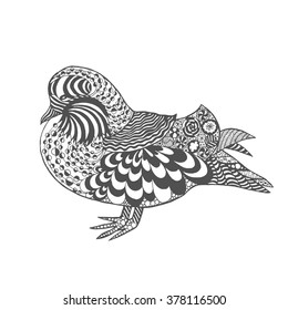 Zentangle stylized mandarin duck. Animals. Black white hand drawn doodle. Ethnic patterned illustration. African, indian, totem tatoo design. Sketch for avatar, tattoo, poster, print or t-shirt