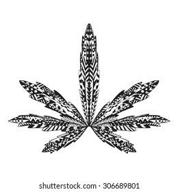 Zentangle stylized marijuana leaf. Isolated hand drawn doodle. Ethnic patterned vector illustration of cannabis. African, Indian, totem, tattoo design. Sketch for tattoo, posters, prints or t-shirt.